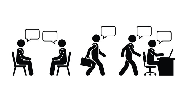 Stick figure people having business meeting and working at office desk with speech bubbles