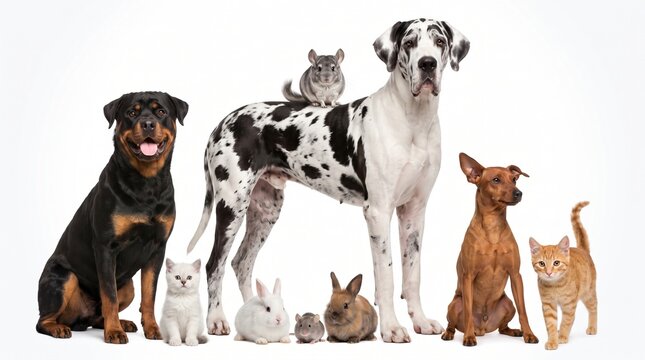 Group of pets lined up: black and tan dog, spotted giant dog with a chinchilla on its back, small brown dog, two kittens, two rabbits, and two hamsters