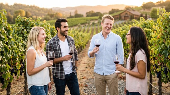 Four friends chatting and smiling in a vineyard at sunset, holding glasses of red wine among grapevines with hills and a farmhouse in the distance