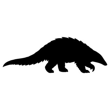 Detailed silhouette illustration of a walking pangolin displaying its unique armored scales and long tail in a minimalist vector style