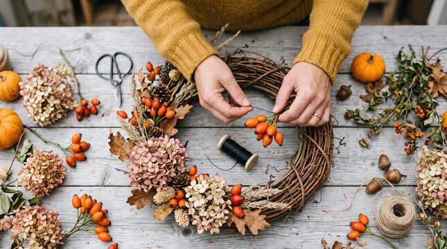 Hands tying orange berry sprigs onto a twig wreath on a rustic wooden table, surrounded by dried hydrangea blooms, leaves, scissors, twine, small gourds, and acorns