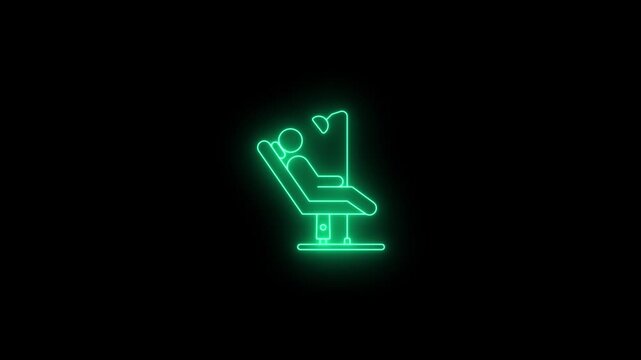 Neon glowing dental chair icon video animation. Neon lighting Dentist chair icon with man animation. Dental chair animation.