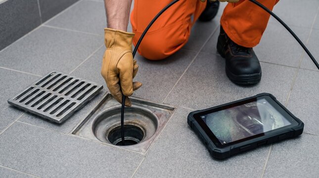 Gloved worker in orange uniform kneels on tiled floor, feeding a cable into an open drain while an inspection tablet with camera view lies beside the grate