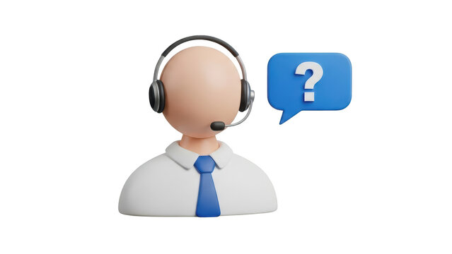 3d character wearing a headset with a blue question mark speech bubble for support