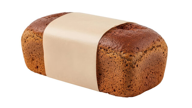 Fresh whole loaf of dark rye bread wrapped in a simple brown paper band