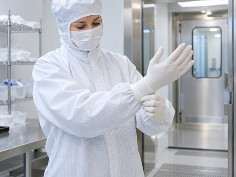 Cleanroom worker checking glove fit before controlled area entry