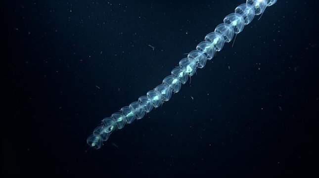 Bioluminescent transparent salp chain floating in deep dark ocean water.