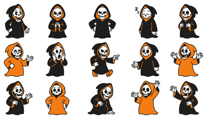 Fototapeta premium Set of cute cartoon grim reaper illustrations featuring various expressive poses in a clean flat vector art style design