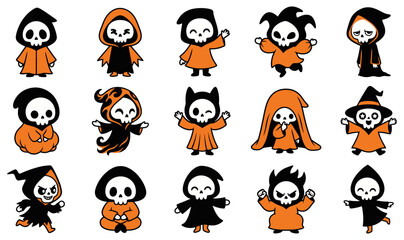 Fototapeta premium A collection of cute chibi grim reaper illustrations designed as high quality vector graphics for halloween themed creative projects
