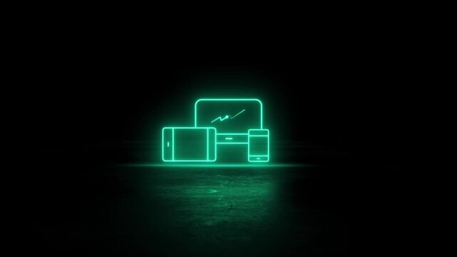 Neon glowing with reflect Computer Monitor Laptop Tablet and Smartphone icon video animation. Neon lighting Smart phone, tablet and laptop video motion. Neon Laptop and Mobile animation.