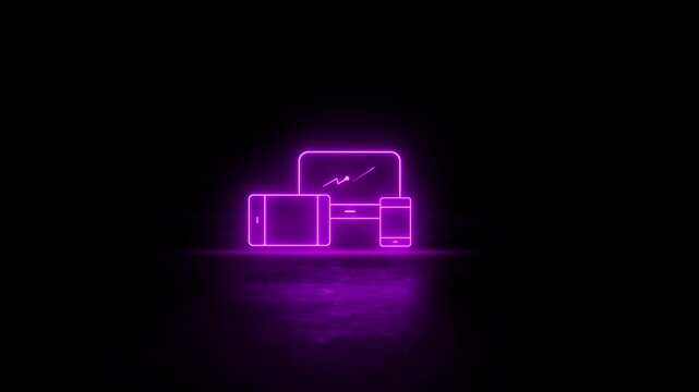 Neon glowing with reflect Computer Monitor Laptop Tablet and Smartphone icon video animation. Neon lighting Smart phone, tablet and laptop video motion. Neon Laptop and Mobile animation.