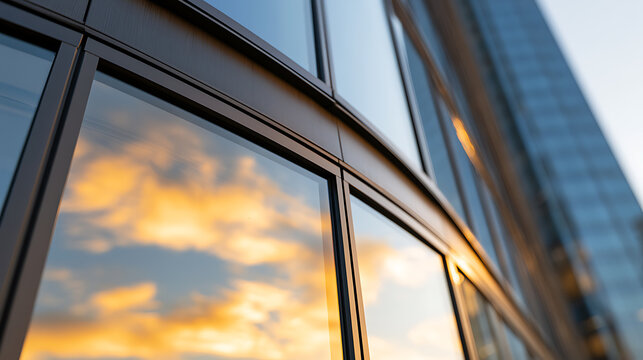 Modern glass skyscraper facade reflecting a vibrant sunset sky with golden clouds, low angle view of commercial architecture and urban design