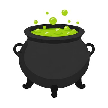 Black witch cauldron filled with glowing green bubbling potion, isolated on a white background in a colorful cartoon vector illustration style.