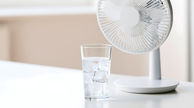 White electric desk fan and a tall glass filled with ice water on a table during a hot summer day in a bright indoor room setting interior