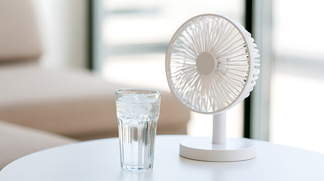 Compact white electric desk fan and a tall glass of cold water with ice cubes on a modern round table inside a bright living room space