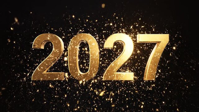2027 gold new year celebration background, with sparkling fireworks, and golden confetti, particles