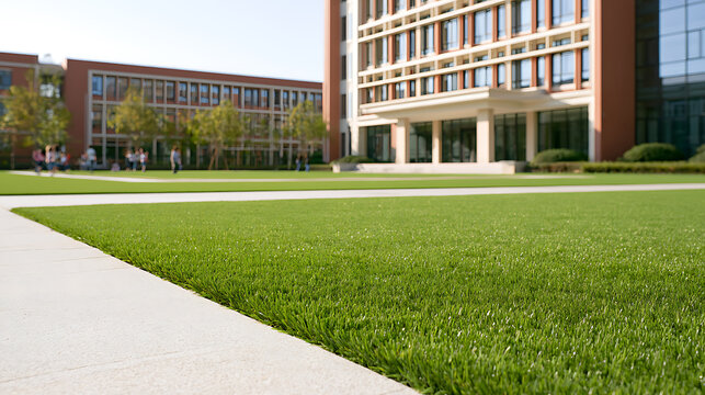Modern university campus quad with vibrant green lawn grass, neat concrete pathways, and contemporary red brick academic buildings outside