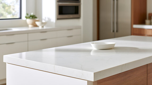 Modern luxury kitchen interior with clean white quartz countertop, minimalist wooden cabinet, sleek stainless steel appliance, and natural light