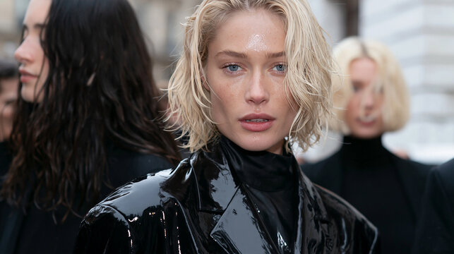 Blondes Model in gl&auml;nzender schwarzer Lederjacke nach der Modenschau, unscharfe Zuschauer im Hintergrund, dunkle Farbt&ouml;ne, f&uuml;r Modewerbung.