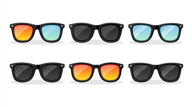 Colorful sunglasses collection featuring vivid lenses and sleek black frames.
