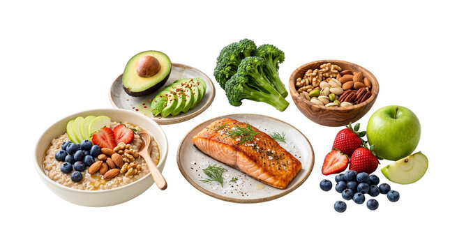 Healthy balanced diet food collection, grilled salmon with avocado and fresh berries, nutritious meal ingredients on white background