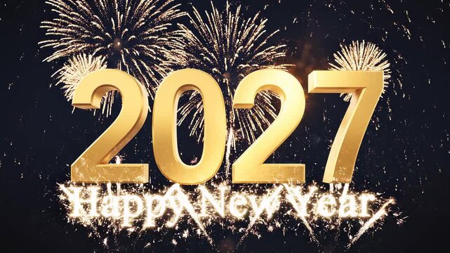2027 happy new year gold 3 d text with sparkling fireworks celebration background, new year's eve