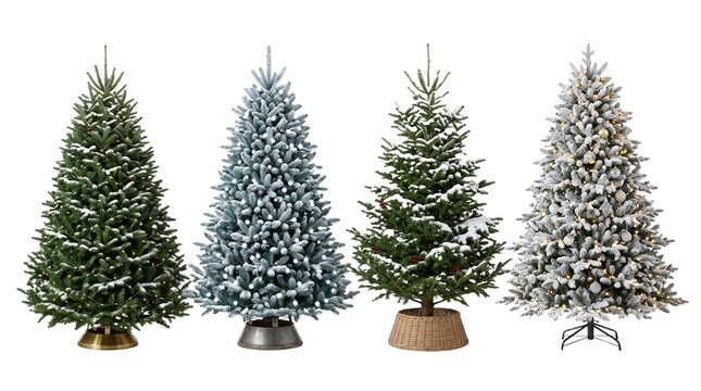 Christmas trees displayed in a row showcasing various artificial pine varieties and snowy foliage against a clean transparent background.