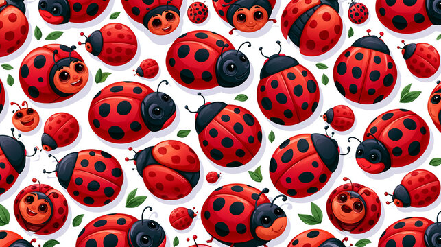Colorful pattern featuring cheerful ladybugs on a light background.