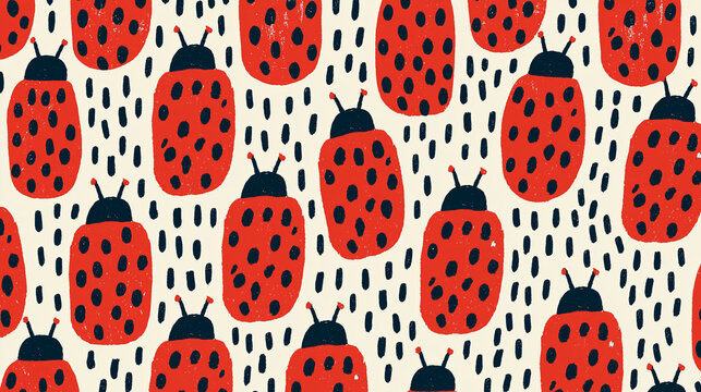 Playful pattern of red ladybugs with black spots on a light background.