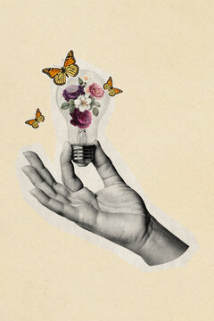 Startup idea, light bulb flower mixed media, vintage illustration poster
