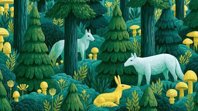 A whimsical forest scene featuring stylized wolves and a golden rabbit.