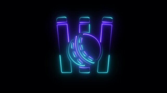 Neon Glow of Abstract Baseball Iconography with Bat, Ball, and Stumps,  Cricket Showcase Bat, Ball, and Stumps Icon and Symbol Animation on Black Background, HD Video.