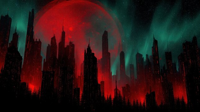 Dark Futuristic City Skyline Beneath Giant Red Planet At Night