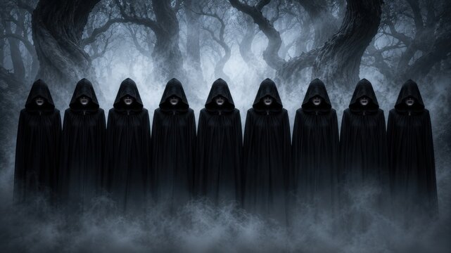 Mysterious Hooded Figures Standing Together Inside Dark Foggy Haunted Forest
