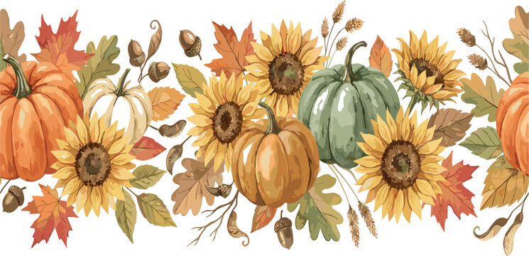 Watercolor autumn harvest seamless border pattern with rustic pumpkins yellow sunflowers and fall leaves isolated on white vector