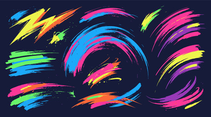Obraz premium Neon paint brush stroke vector collection. Features vibrant color swooshes, streaks, and abstract marks. Dynamic graphic design elements for posters, banners, and modern digital art.