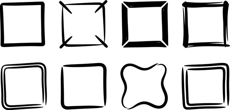 A collection of hand drawn square frames and border elements presented as a clean black vector illustration