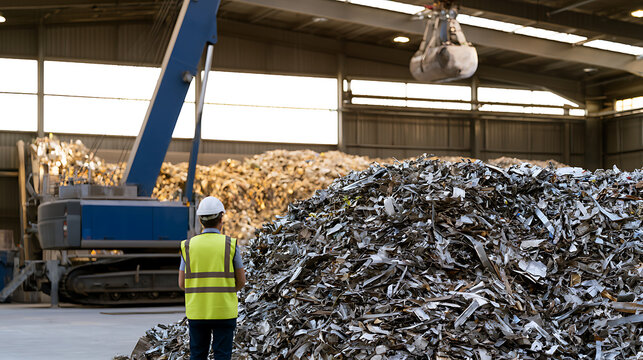Industrial waste management facility with worker in safety vest inspect pile of scrap metal waste recycle plant process material iron steel
