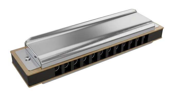 Silver harmonica isolated on white background, musical instrument for blues and folk music