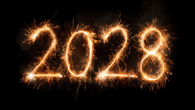 Sparkling numbers two zero two eight formed with bright firework lights on black background