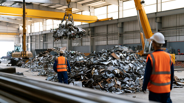 Industrial metal recycling facility interior with heavy crane operator sorting scrap steel waste and workers supervise process in factory plant