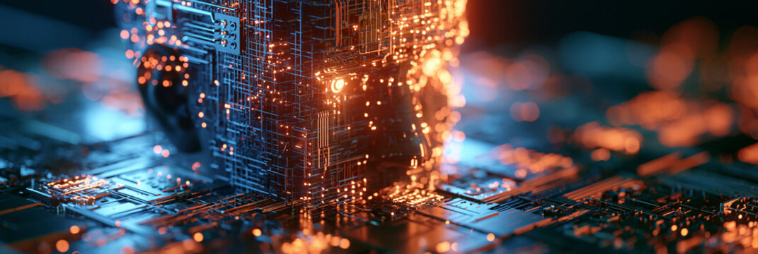 Mehrere leuchtende Chipt&uuml;rme in warmen Oranget&ouml;nen auf dunkler Platine, futuristische Optik, geeignet f&uuml;r Header-Bilder zu Digitalisierung und Innovation.