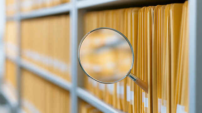 Magnifying glass focused on a yellow file folder in an archive shelf filled with paper documents, legal record inspection and data search