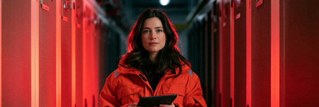 Frau in roter Jacke steht in einem rot beleuchteten Serverraum, realistischer Stil f&uuml;r Technologie- und Rechenzentrumswerbung.