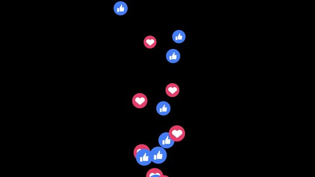 Social media engagement icons floating upward with heart and thumbs up reactions during live streaming on black background
