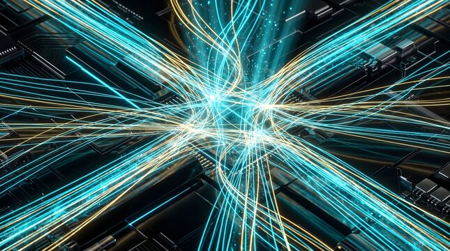 Digital data streams crossing over a futuristic circuit board