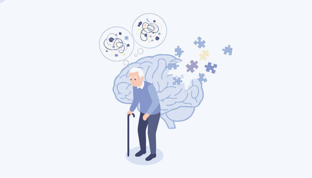 Dementia and memory loss concept depicts an elderly man standing near a brain with puzzle pieces breaking away.