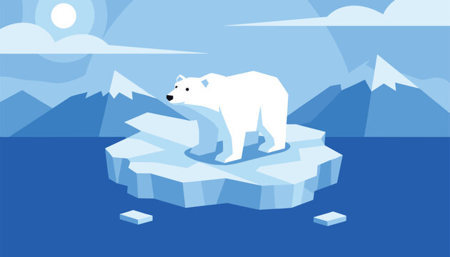 Polar bear stands on a melting ice floe in the Arctic ocean highlighting global warming and climate change.