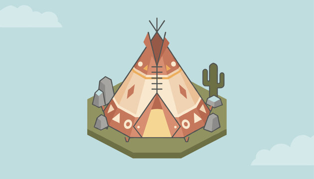 Traditional Native American teepee or wigwam set in a desert landscape with grey rocks and a tall green cactus.