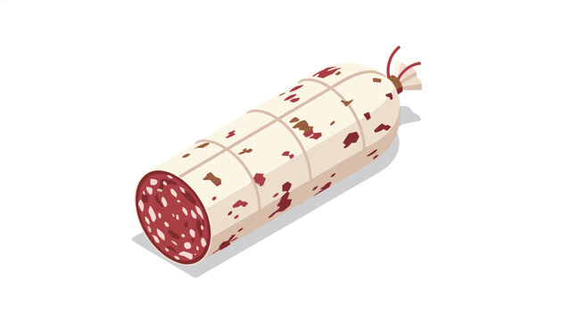 Isometric vector icon of a sliced salami sausage showing a very rich marbled meat texture with white fat speckles.